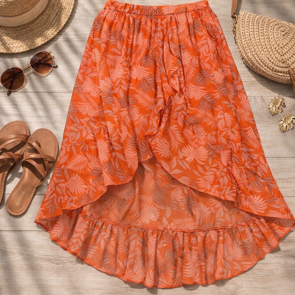 Boho Tropical High Low Midi Skirt XL NWT Beach Vacation Orange